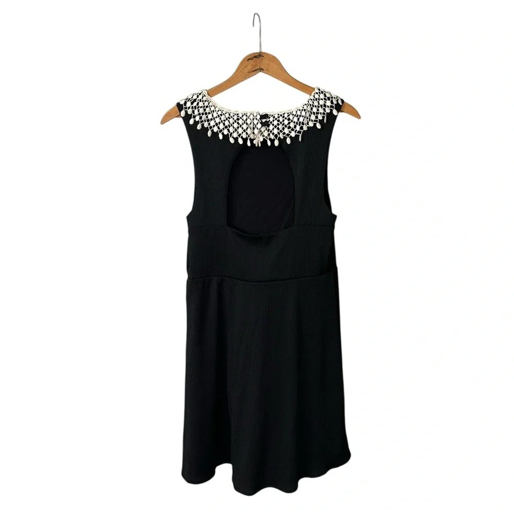 Free People | Womens Black Mini Dress Cream Crochet Peter Pan Collar Open Back M - Picture 4 of 16